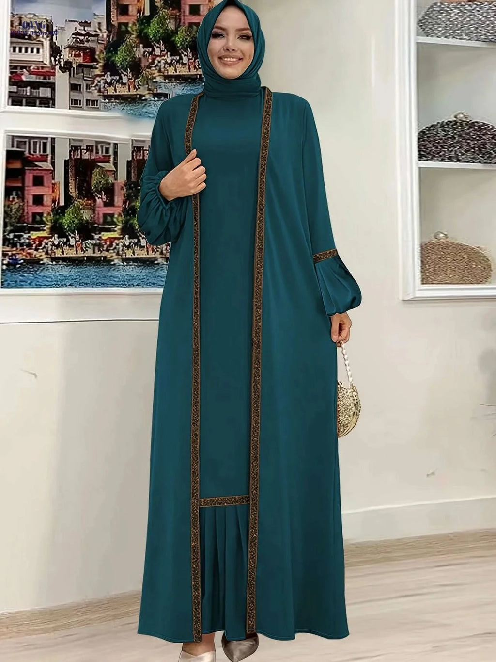 Elegant Two-Piece Abaya Set - Ruffle Tank Dress & Cardigan   OAXG 