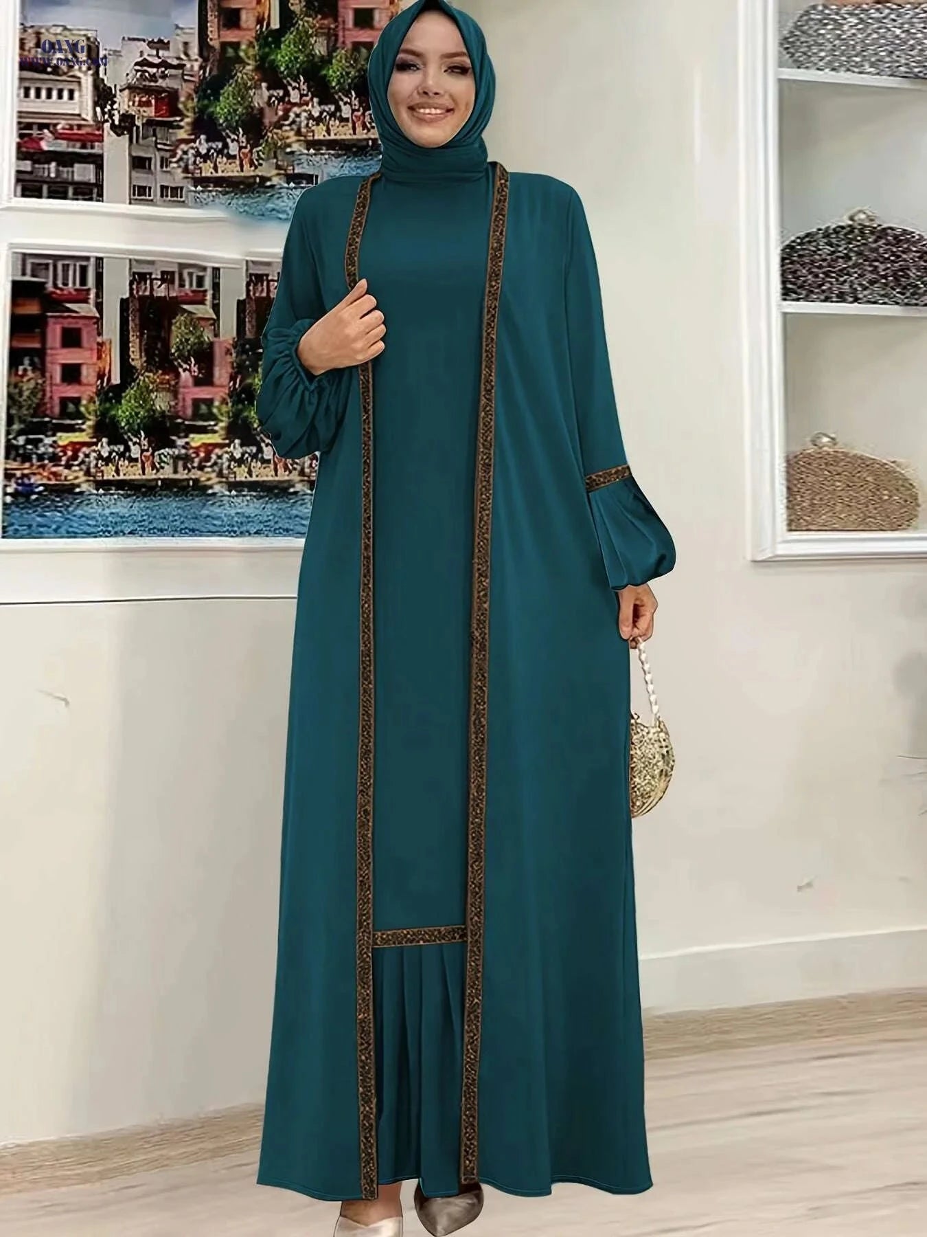 Elegant Two-Piece Abaya Set - Ruffle Tank Dress & Cardigan   OAXG 