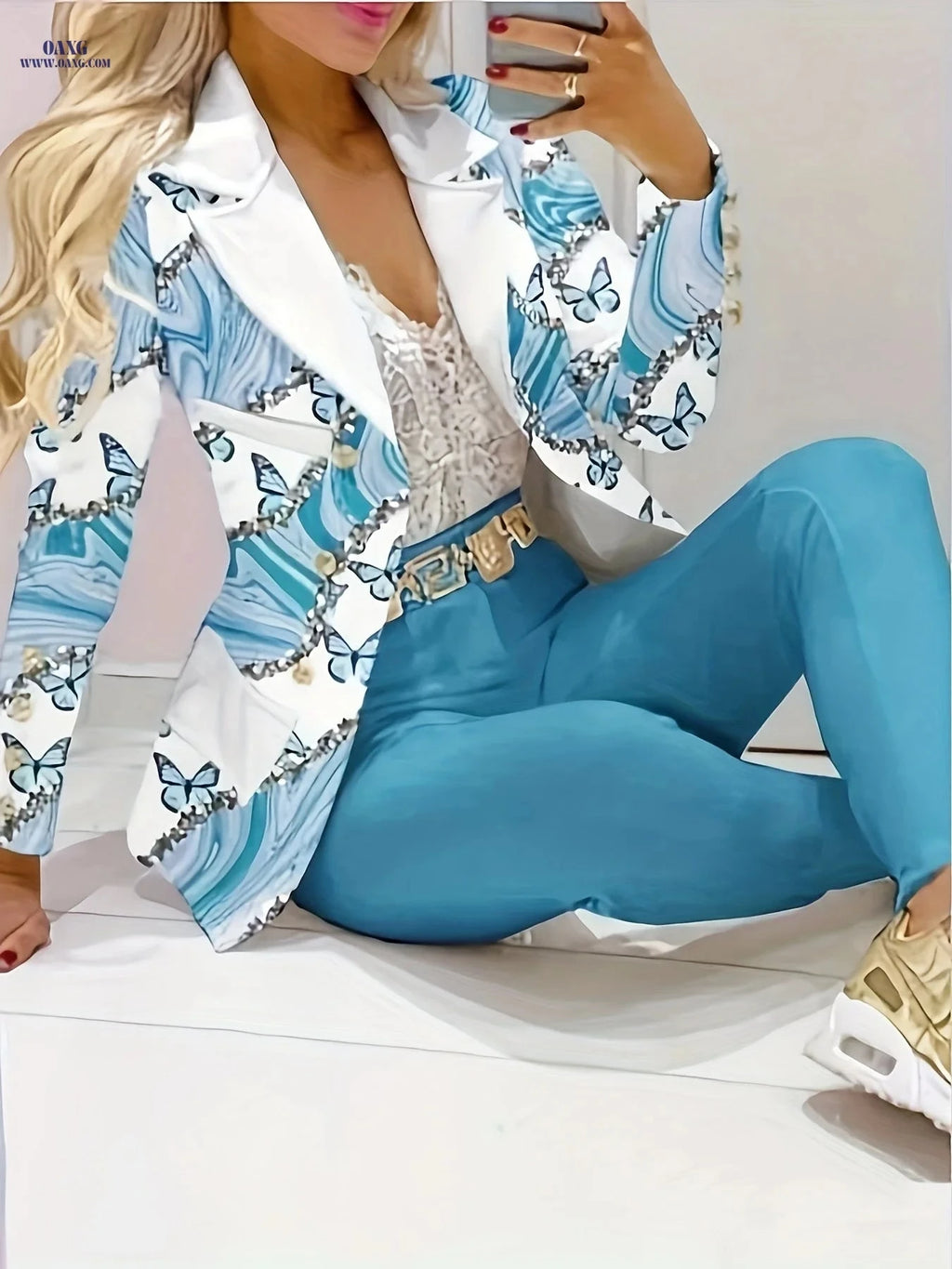 Elegant Two-Piece Butterfly Print Blazer & Solid Pants Set for Women   OAXG 