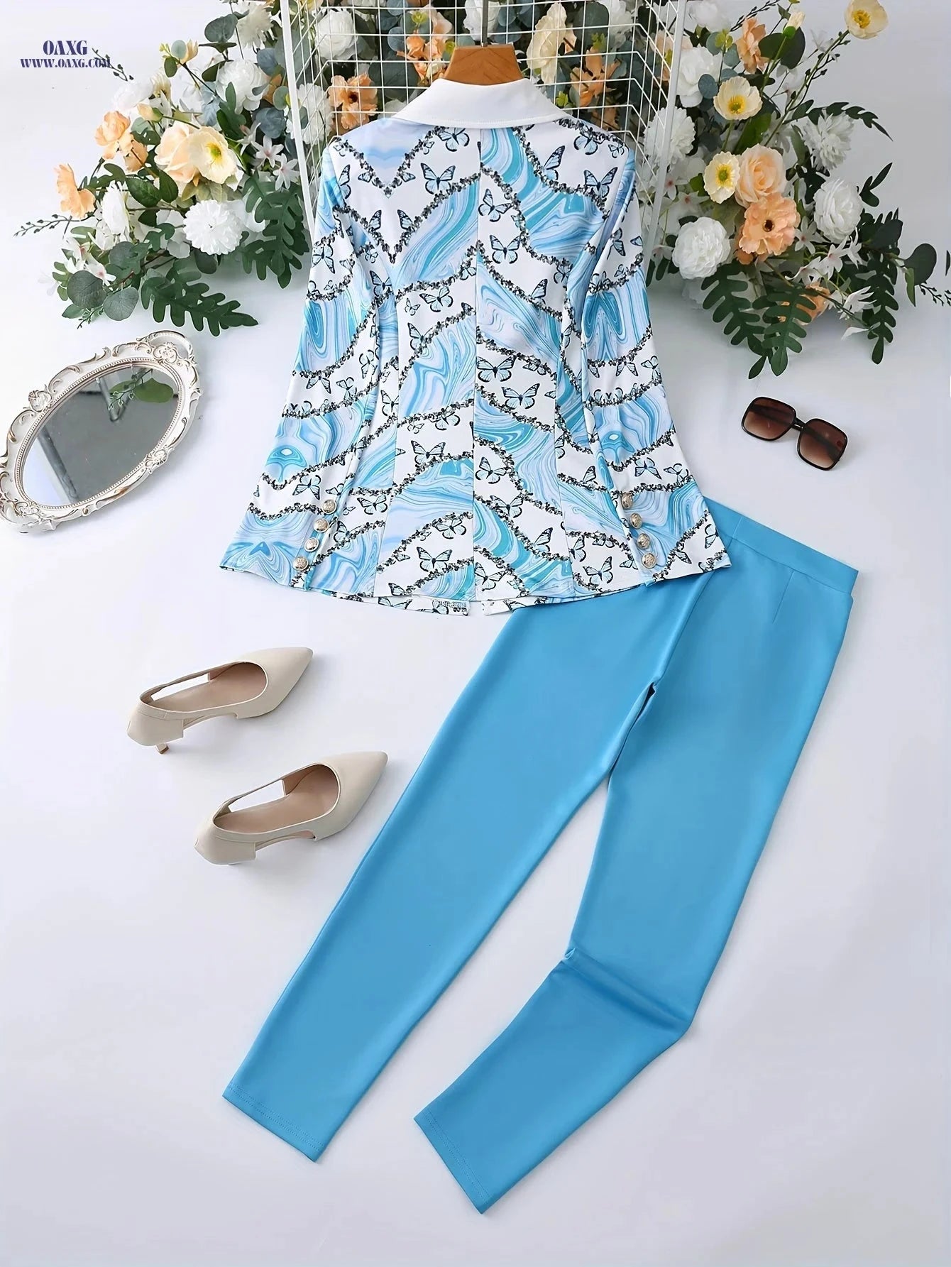 Elegant Two-Piece Butterfly Print Blazer & Solid Pants Set for Women   OAXG Sky Blue / S
