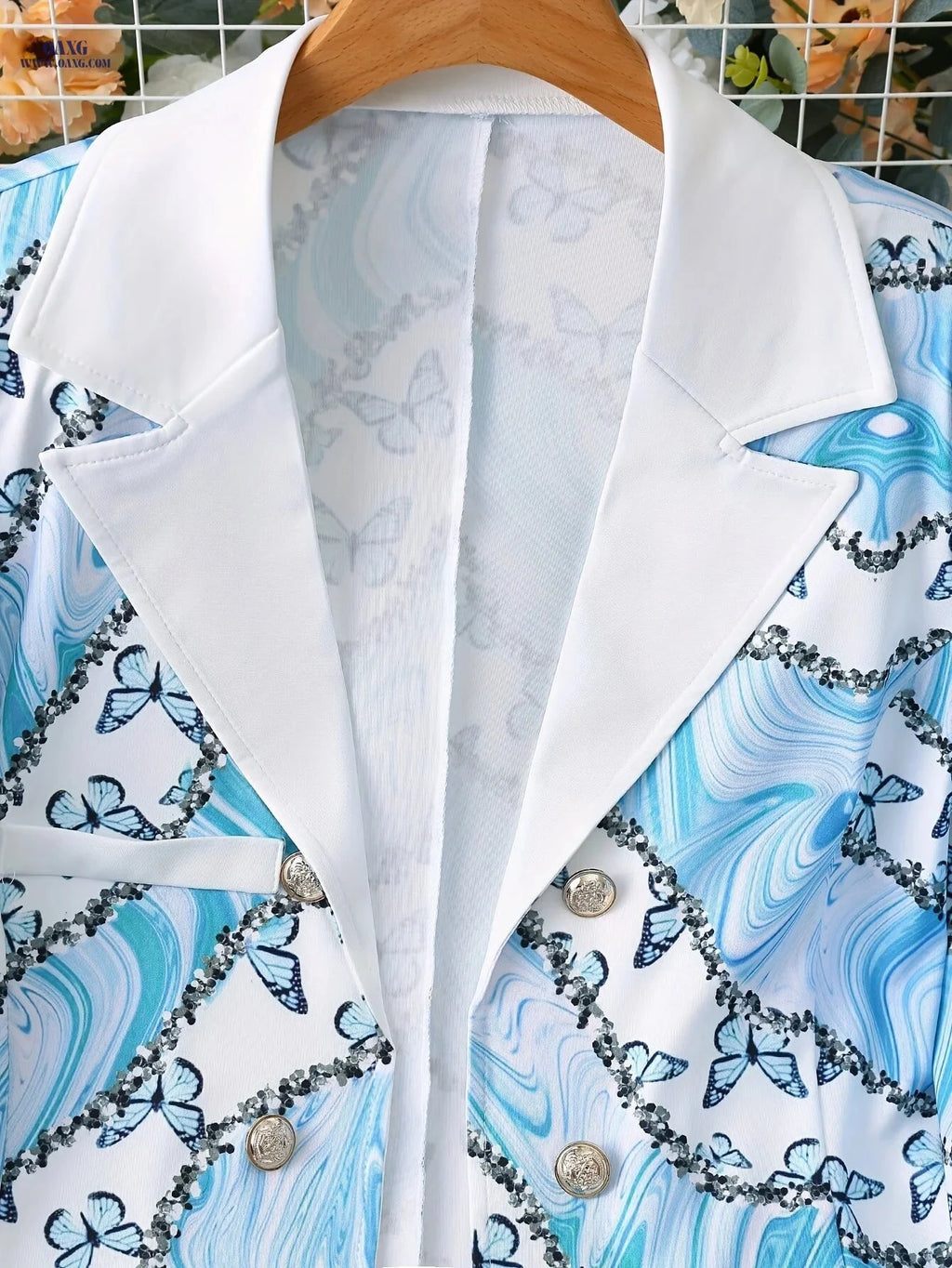 Elegant Two-Piece Butterfly Print Blazer & Solid Pants Set for Women   OAXG Sky Blue / S