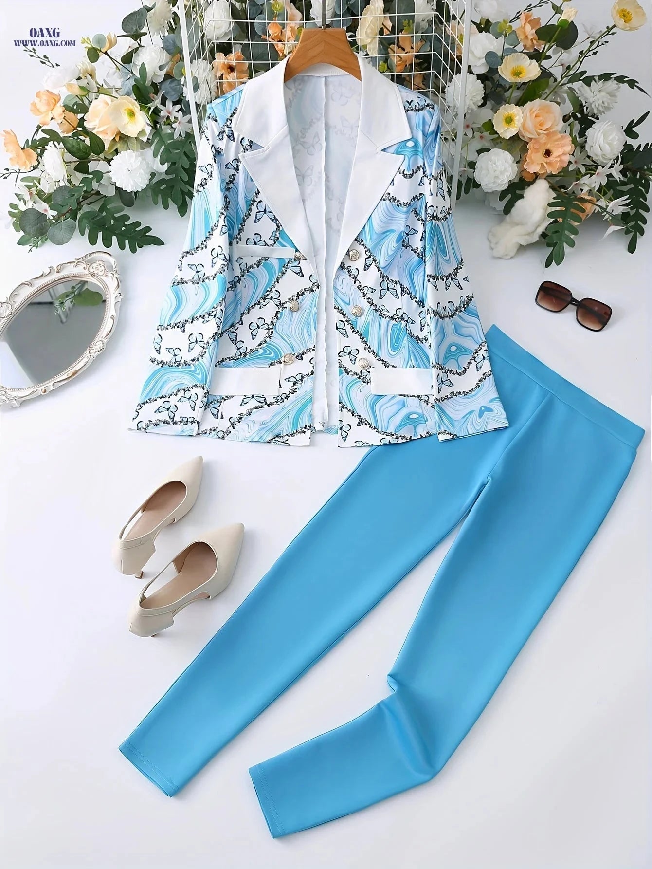 Elegant Two-Piece Butterfly Print Blazer & Solid Pants Set for Women   OAXG 
