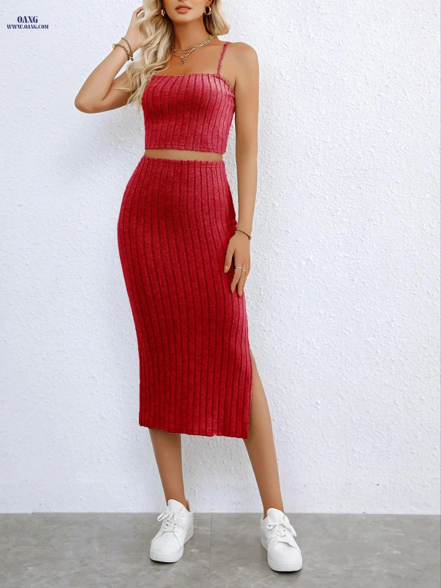 Elegant Two-Piece Dress for Women - Spaghetti Straps, Spring/Summer   OAXG Khaki / XS