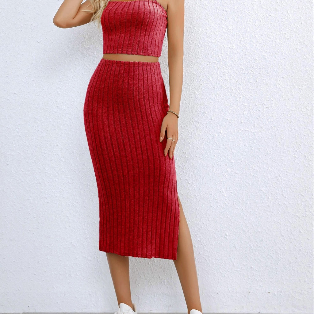 Elegant Two-Piece Dress for Women - Spaghetti Straps, Spring/Summer   OAXG Khaki / XS