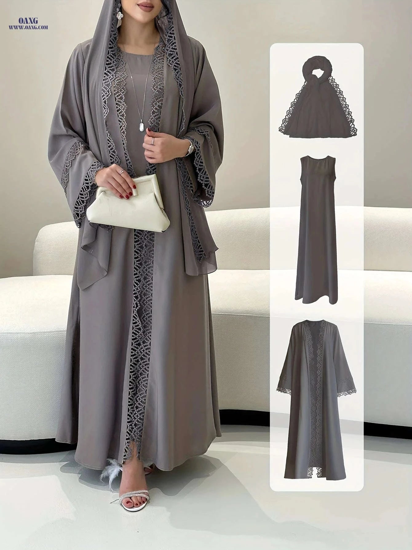 Elegant Two-Piece Fringed Robe & Sleeveless Dress Set for Ramadan   OAXG 