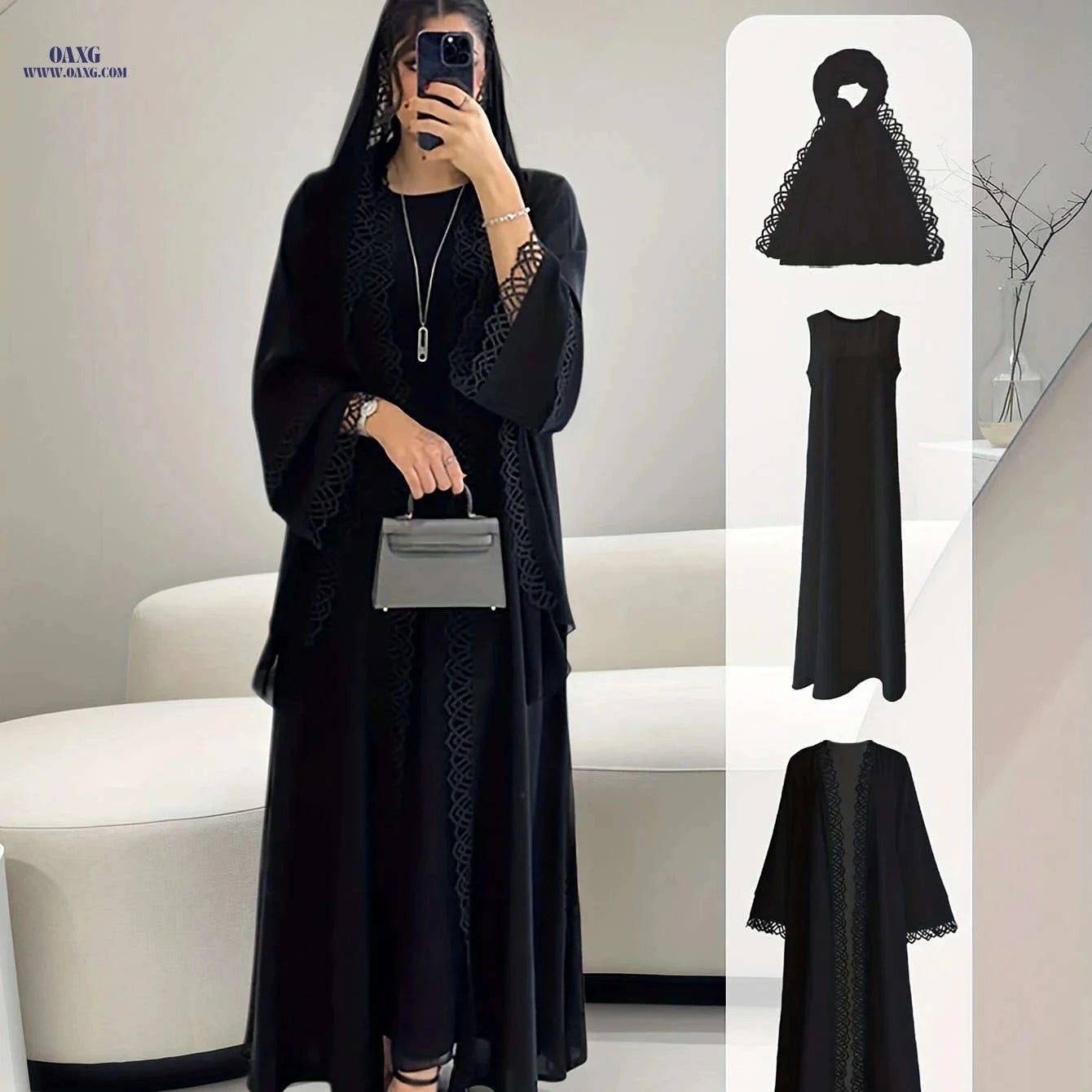 Elegant Two-Piece Fringed Robe & Sleeveless Dress Set for Ramadan   OAXG 