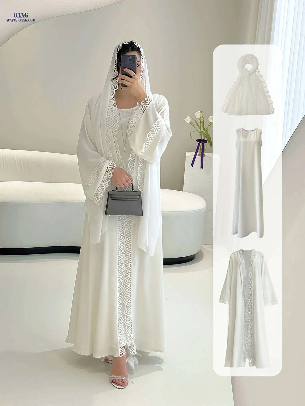 Elegant Two-Piece Fringed Robe & Sleeveless Dress Set for Ramadan   OAXG 