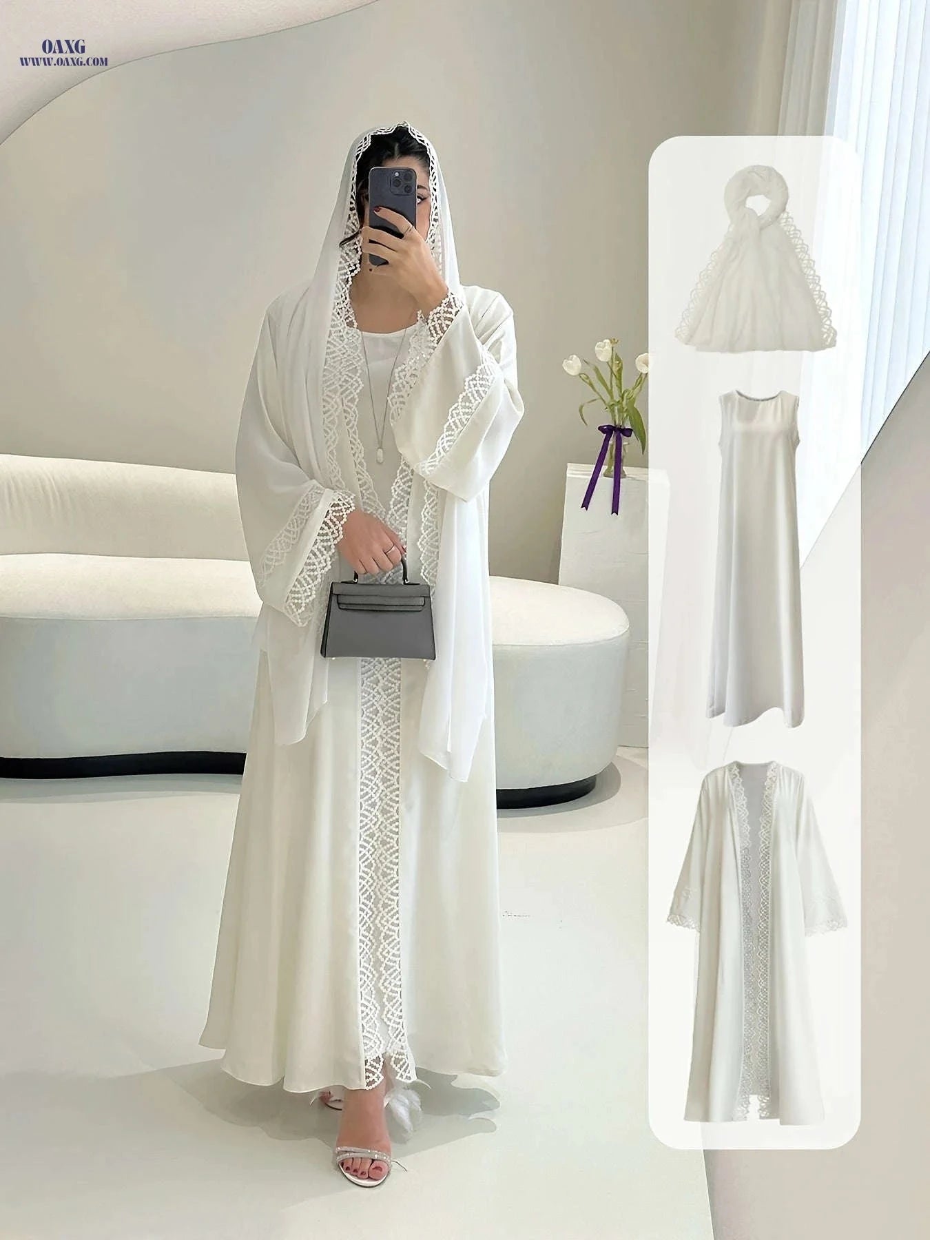 Elegant Two-Piece Fringed Robe & Sleeveless Dress Set for Ramadan   OAXG 