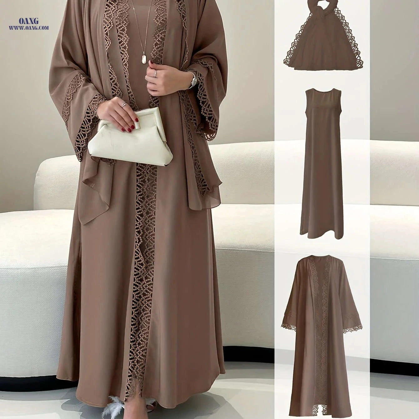 Elegant Two-Piece Fringed Robe & Sleeveless Dress Set for Ramadan   OAXG 