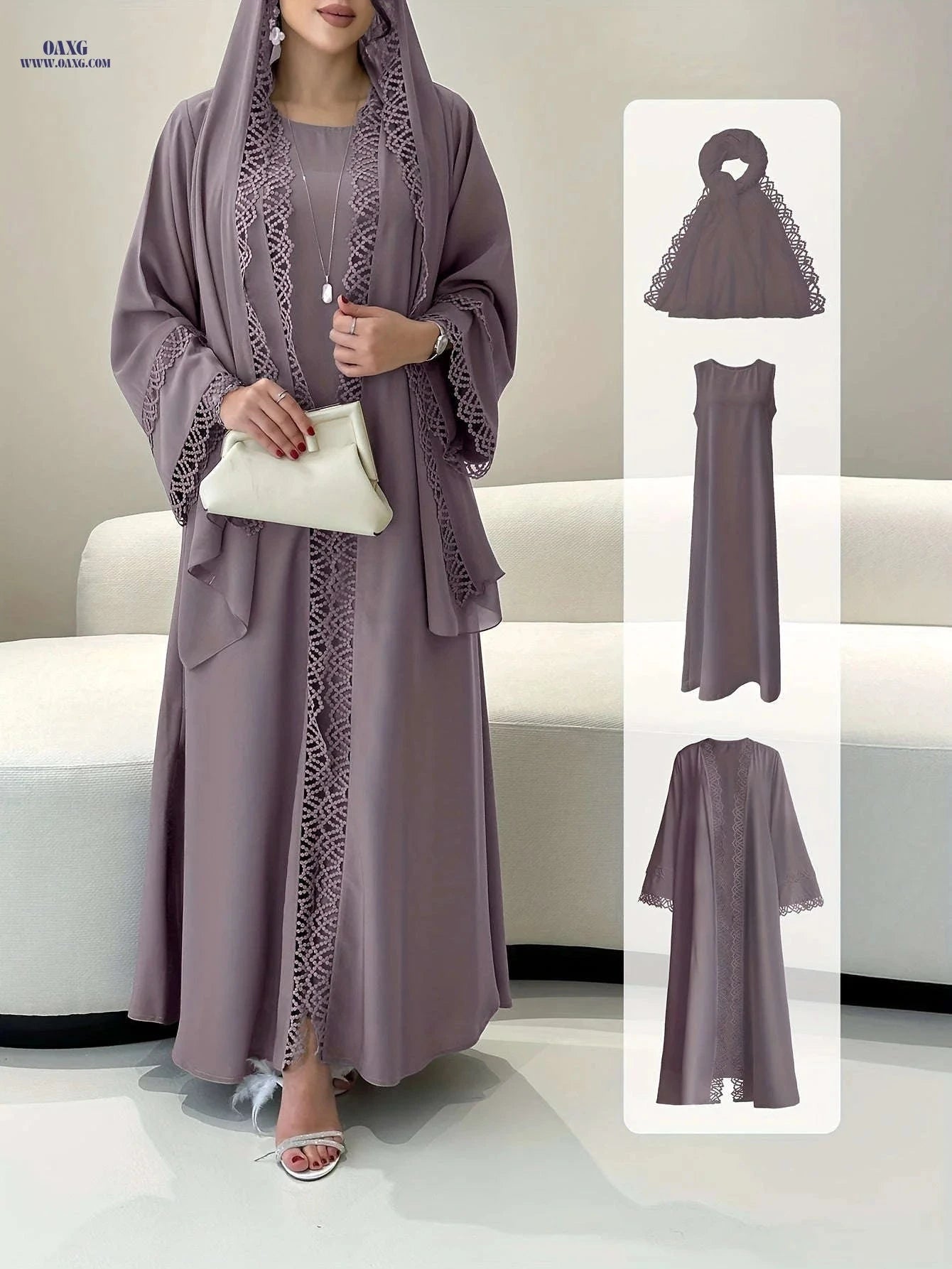 Elegant Two-Piece Fringed Robe & Sleeveless Dress Set for Ramadan   OAXG White / S