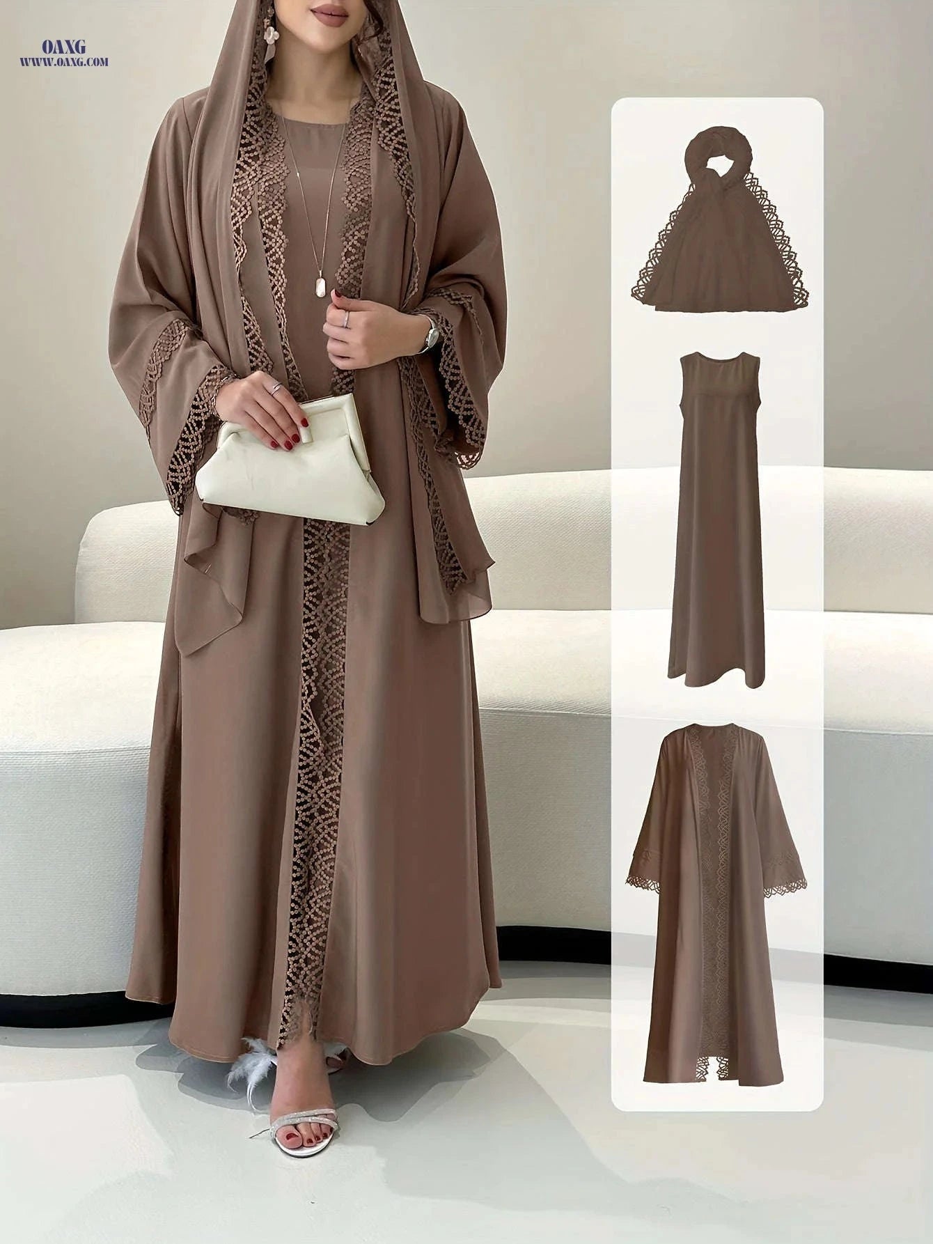 Elegant Two-Piece Fringed Robe & Sleeveless Dress Set for Ramadan   OAXG White / S