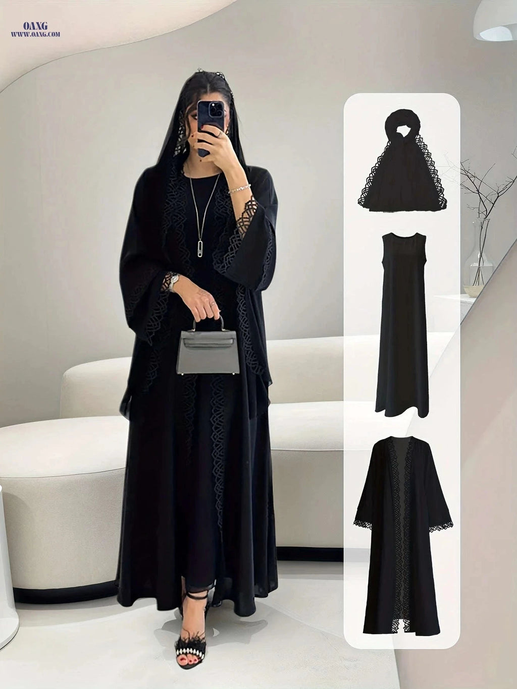 Elegant Two-Piece Fringed Robe & Sleeveless Dress Set for Ramadan   OAXG White / S
