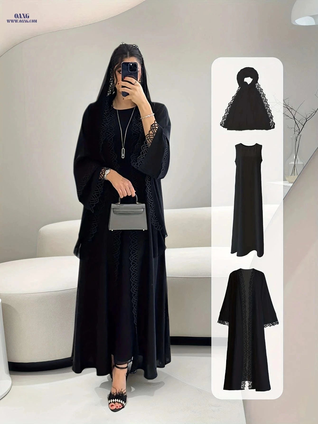 Elegant Two-Piece Fringed Robe & Sleeveless Dress Set for Ramadan   OAXG White / S