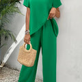 Elegant Two-Piece Set - Asymmetrical Hem Top & Wide-Leg Pants   OAXG 