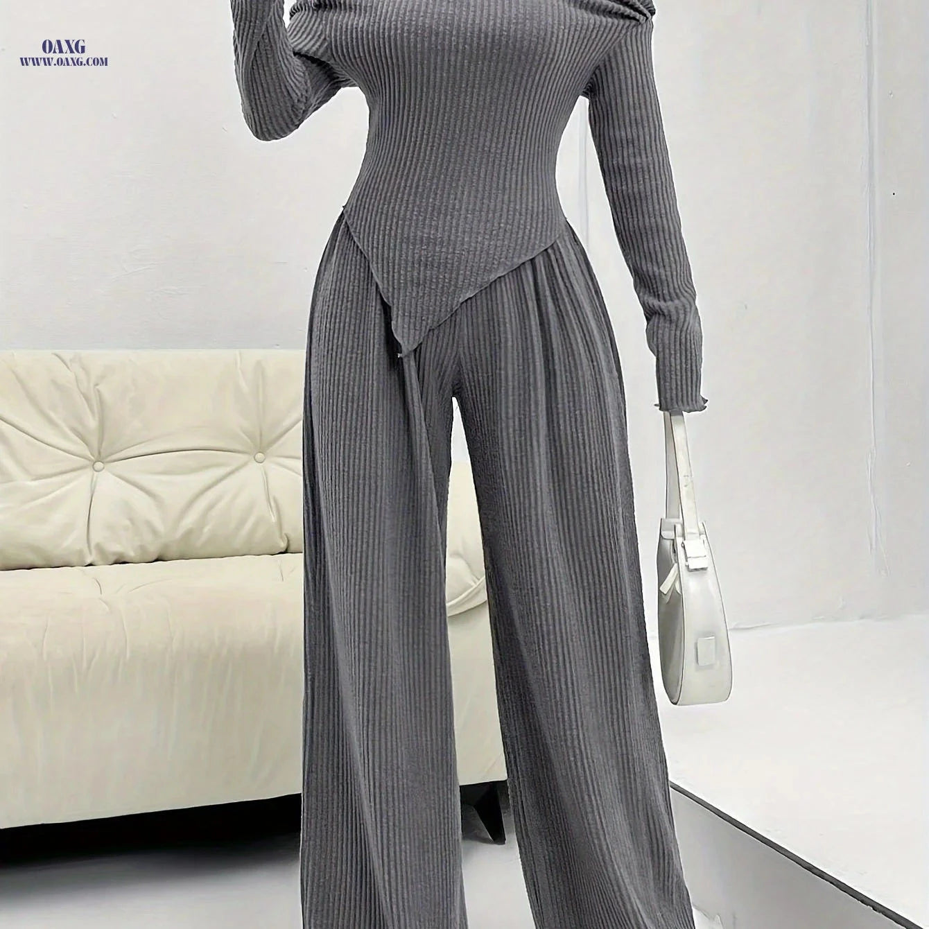 Elegant Two-Piece Set: T-Shirt & Wide-Leg Pants for Fall/Winter   OAXG Grey / XS