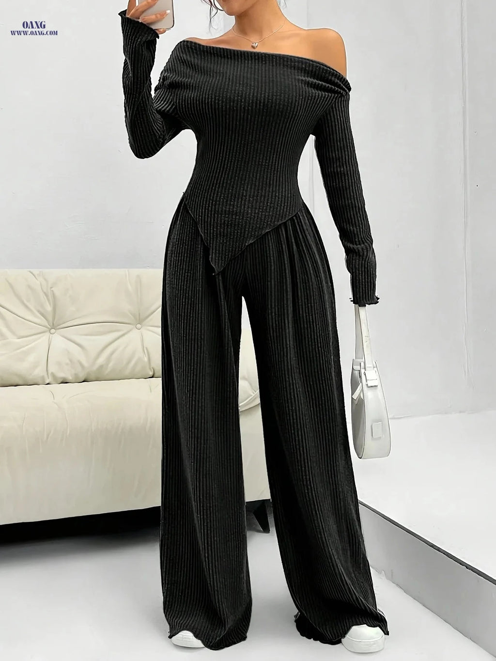 Elegant Two-Piece Set: T-Shirt & Wide-Leg Pants for Fall/Winter   OAXG Grey / XS