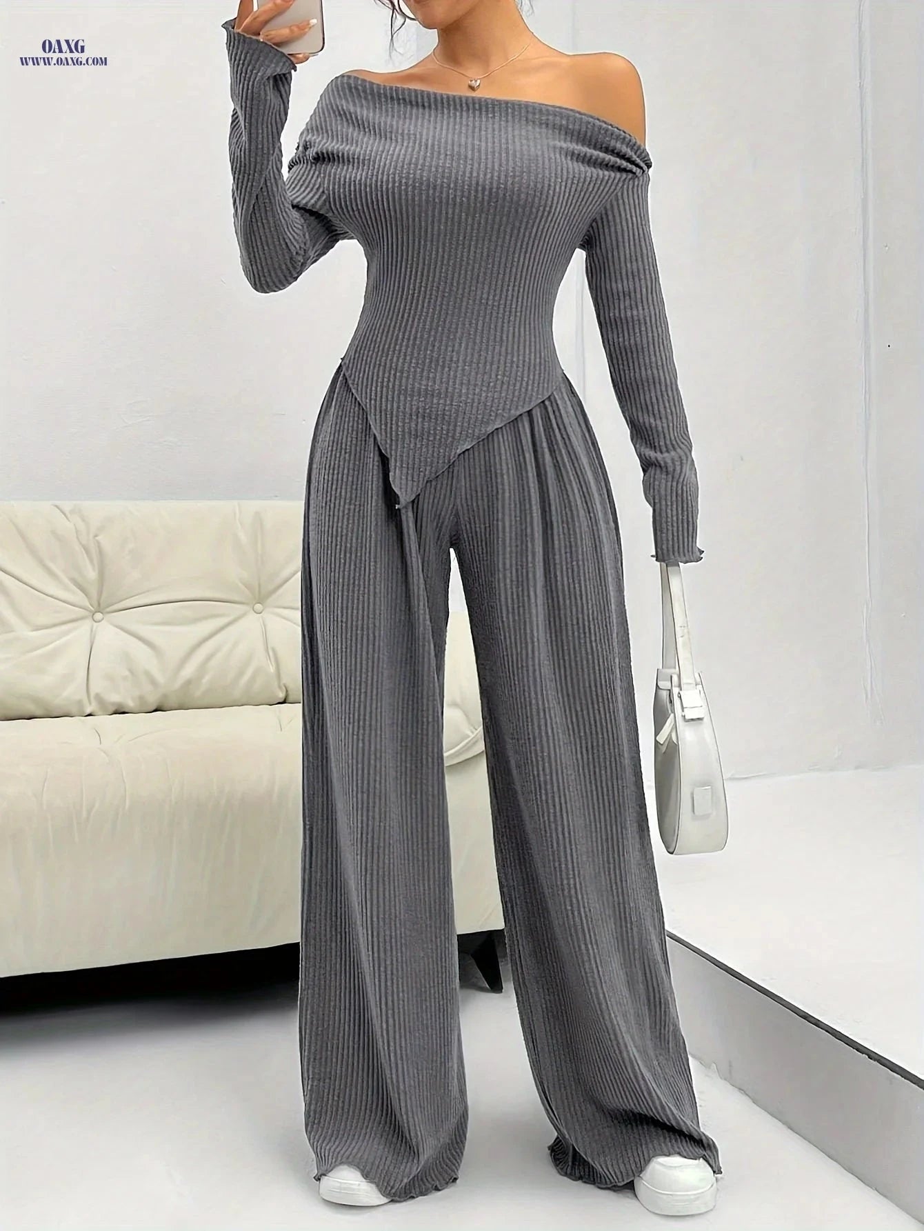Elegant Two-Piece Set: T-Shirt & Wide-Leg Pants for Fall/Winter   OAXG Grey / XS