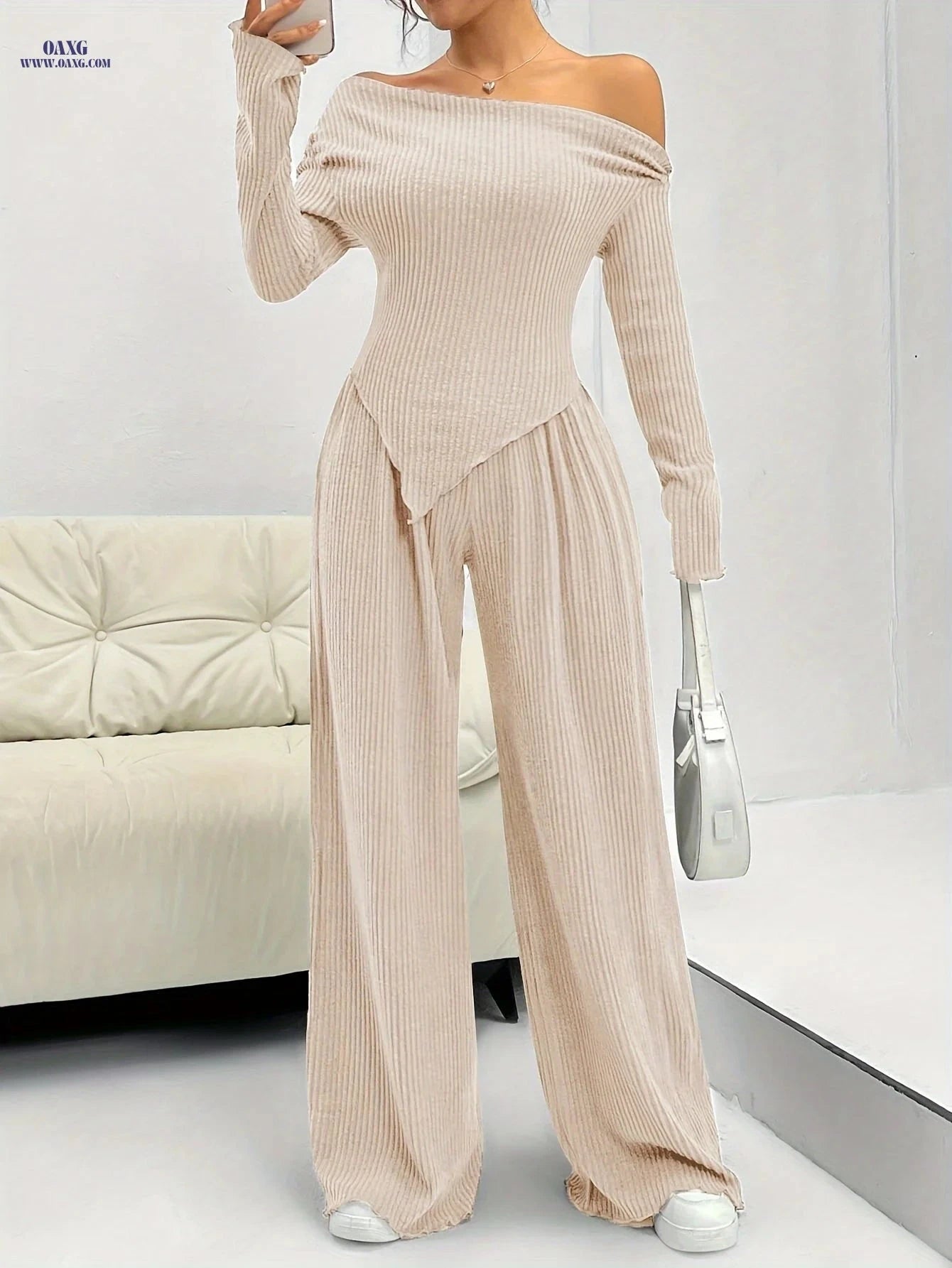 Elegant Two-Piece Set: T-Shirt & Wide-Leg Pants for Fall/Winter   OAXG Grey / XS