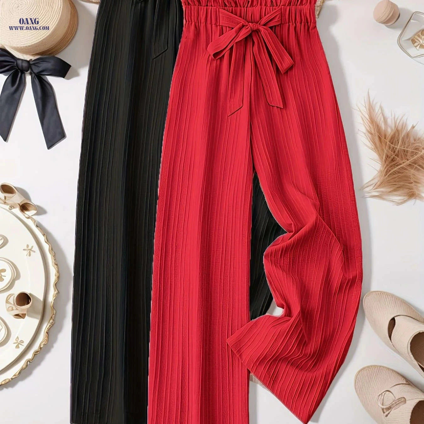 Elegant Two-Piece Women's Outfit - Loose Pleated Long Pants Set   OAXG 