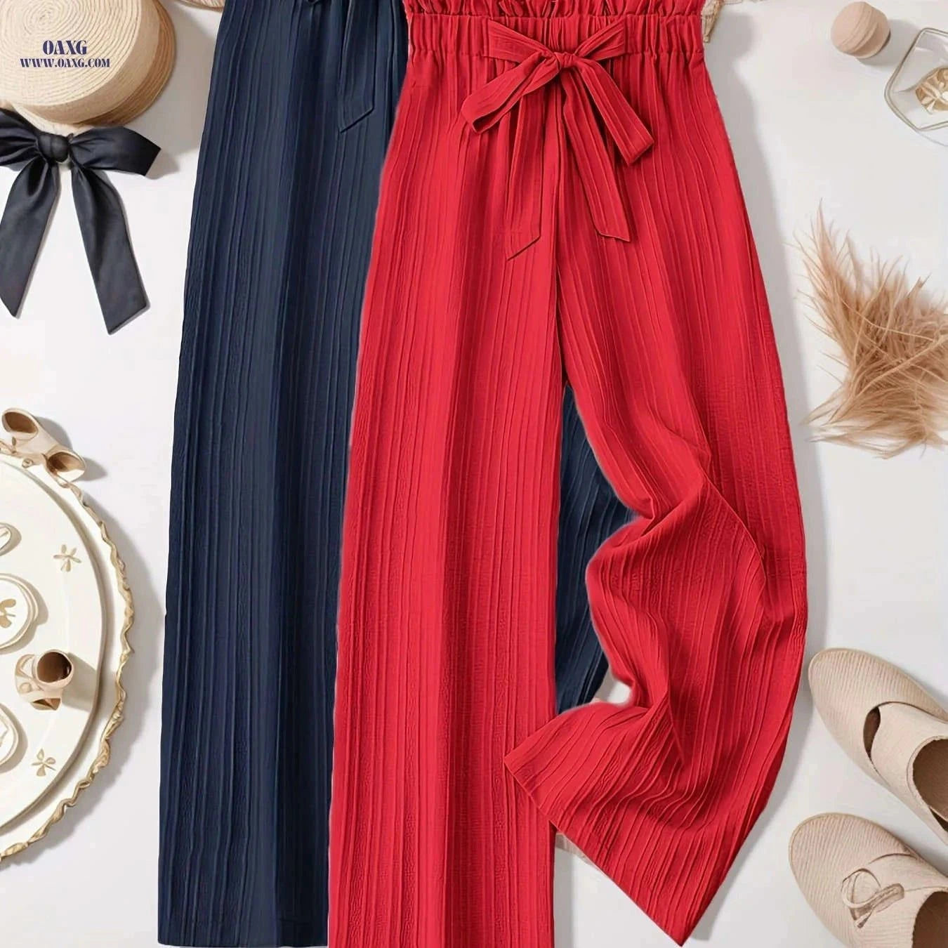 Elegant Two-Piece Women's Outfit - Loose Pleated Long Pants Set   OAXG Black + Apricot / S
