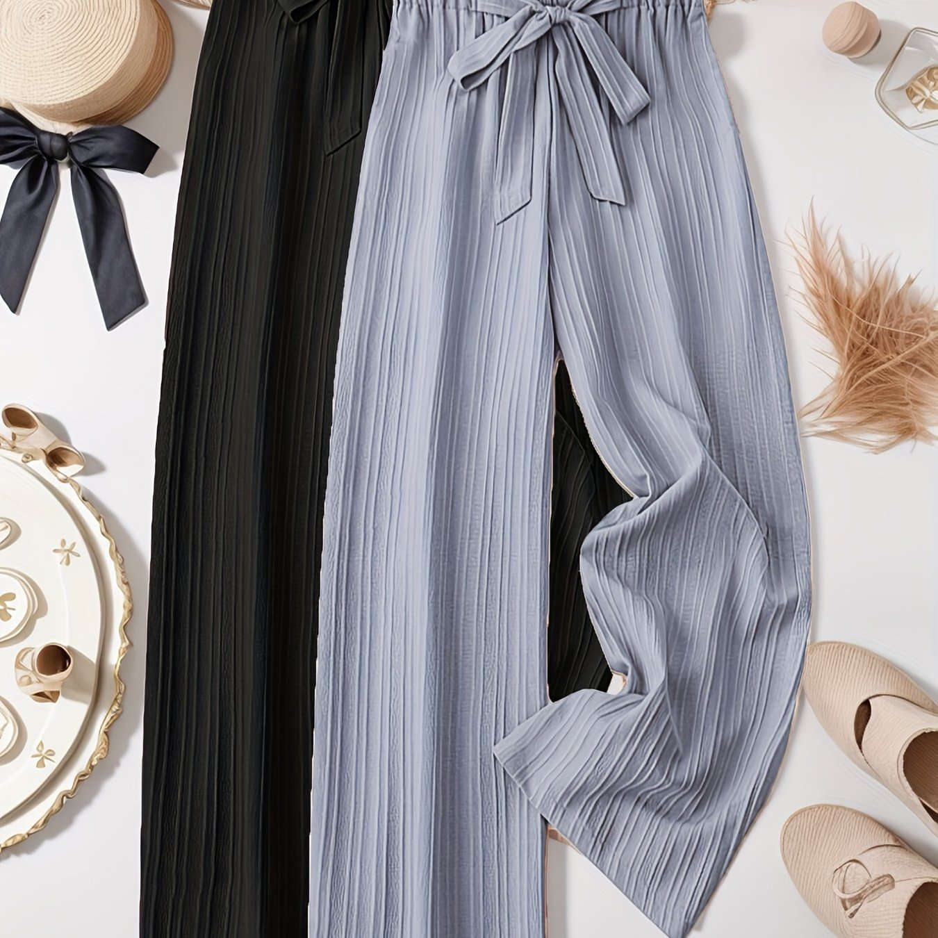 Elegant Two-Piece Women's Outfit - Loose Pleated Long Pants Set   OAXG Black + Apricot / S