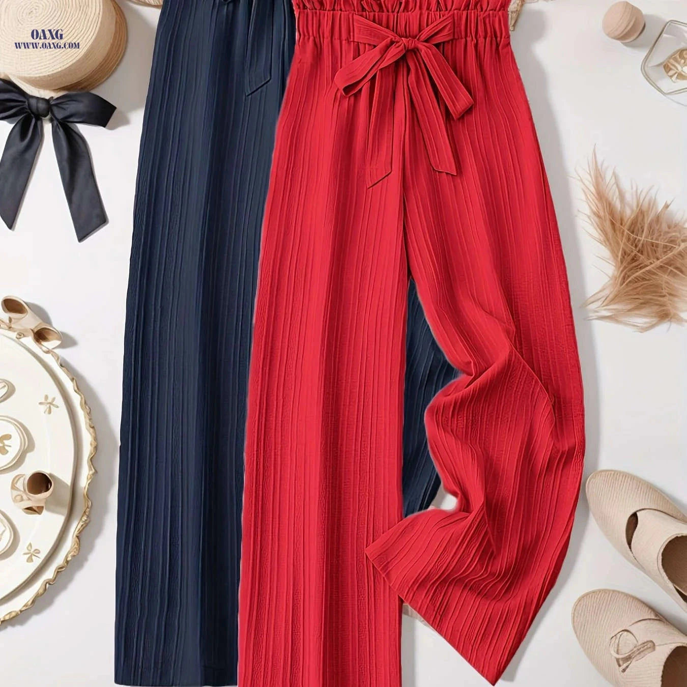 Elegant Two-Piece Women's Outfit - Loose Pleated Long Pants Set   OAXG Black + Apricot / S