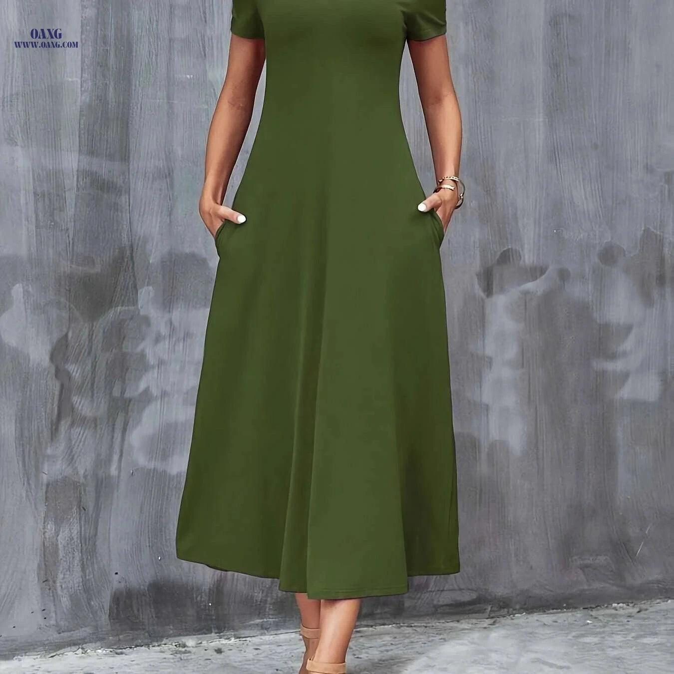 Elegant V-Neck A-Line Dress with Pockets - All-Season Casual Wear   OAXG 