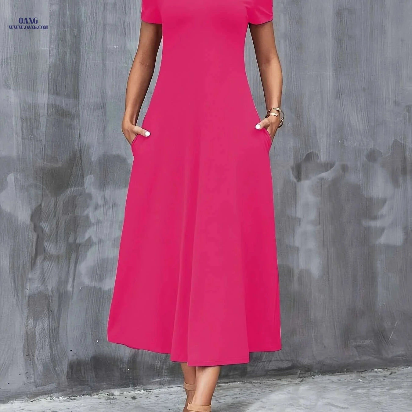Elegant V-Neck A-Line Dress with Pockets - All-Season Casual Wear   OAXG 