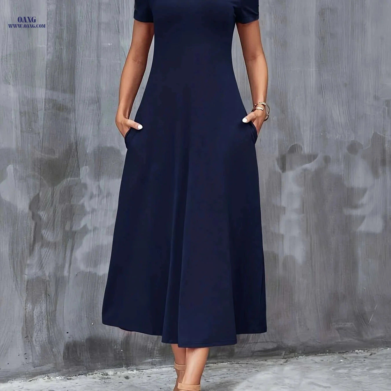 Elegant V-Neck A-Line Dress with Pockets - All-Season Casual Wear   OAXG 