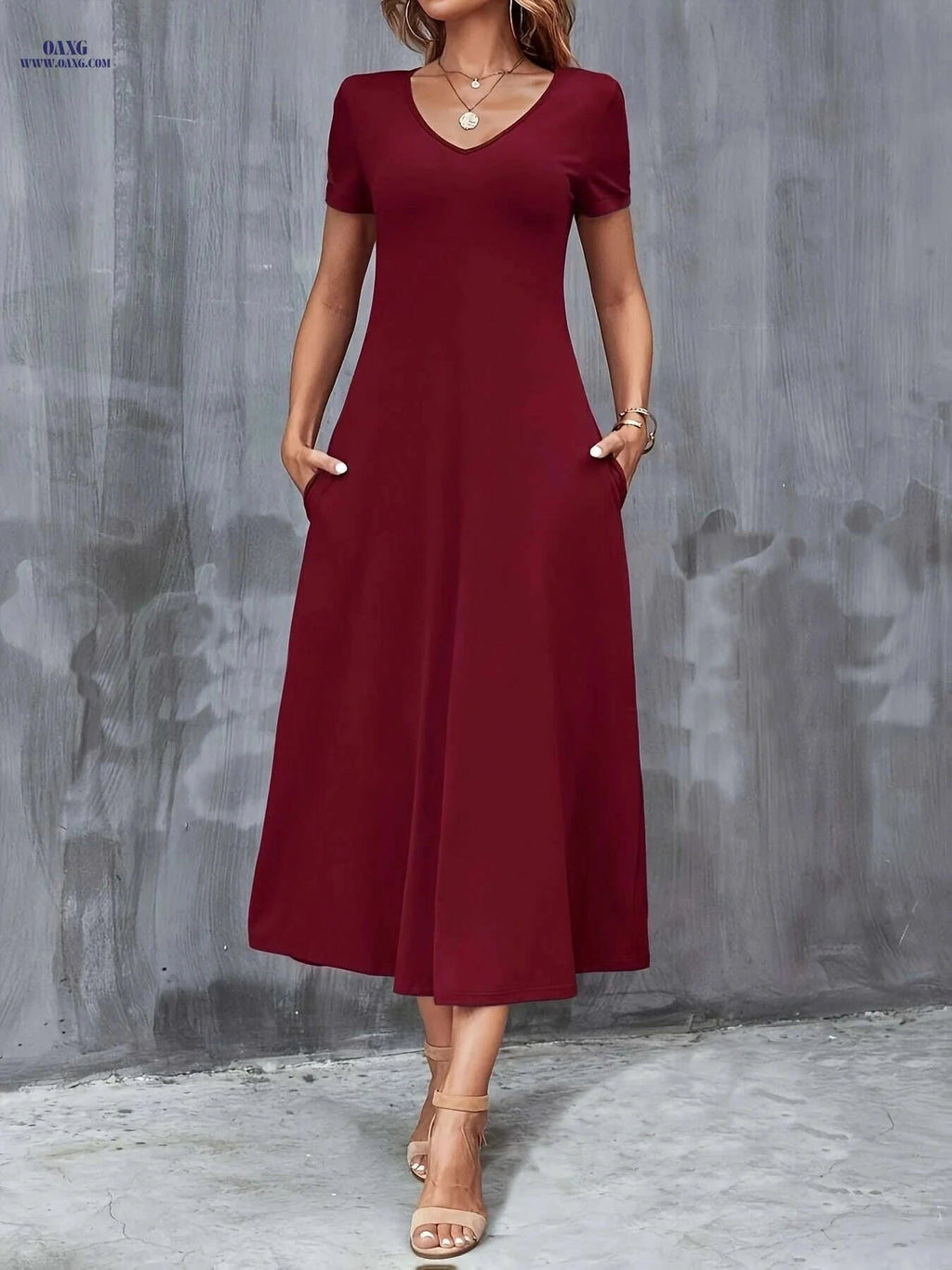 Elegant V-Neck A-Line Dress with Pockets - All-Season Casual Wear   OAXG 