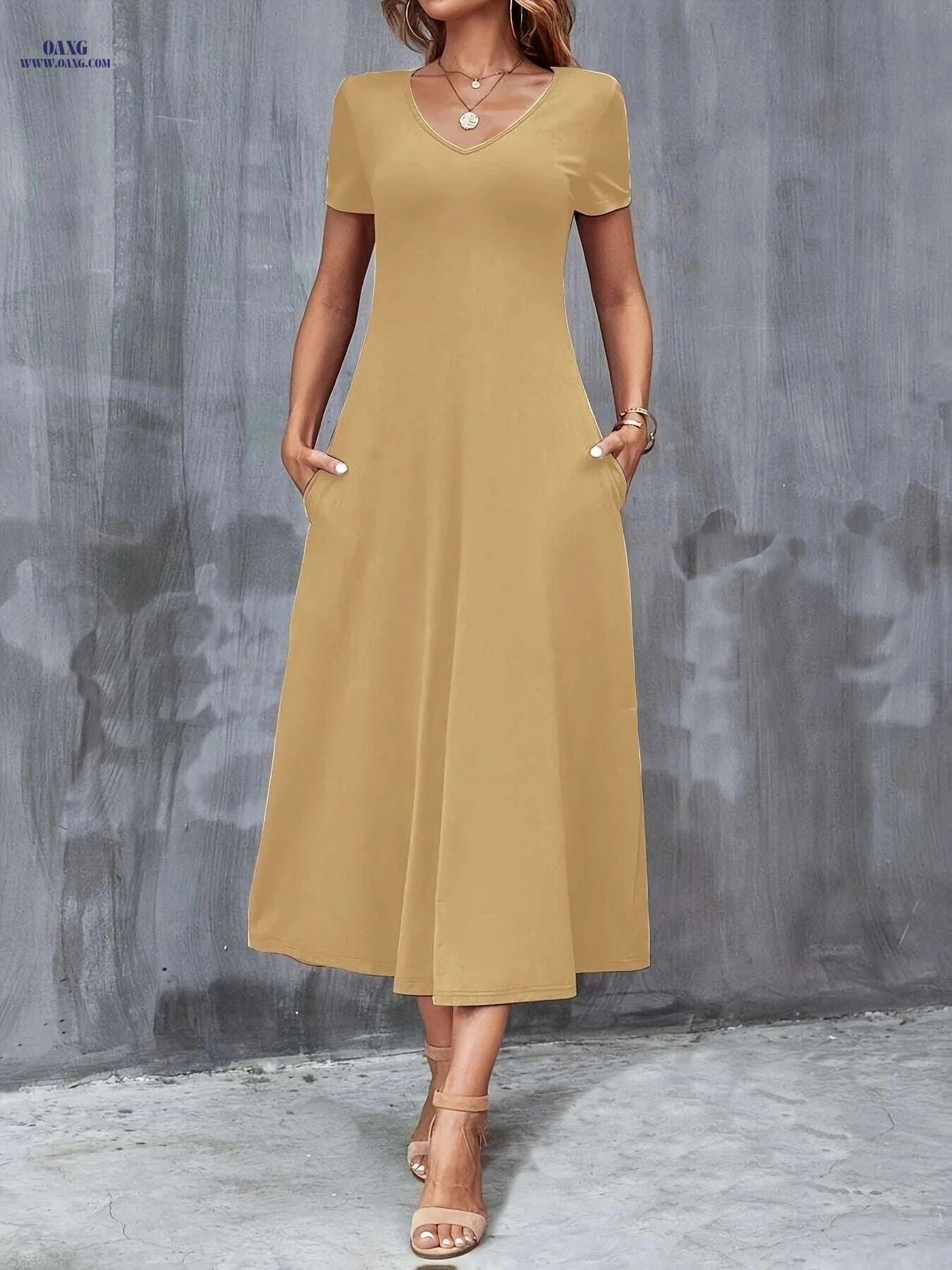 Elegant V-Neck A-Line Dress with Pockets - All-Season Casual Wear   OAXG Deep Purple / S