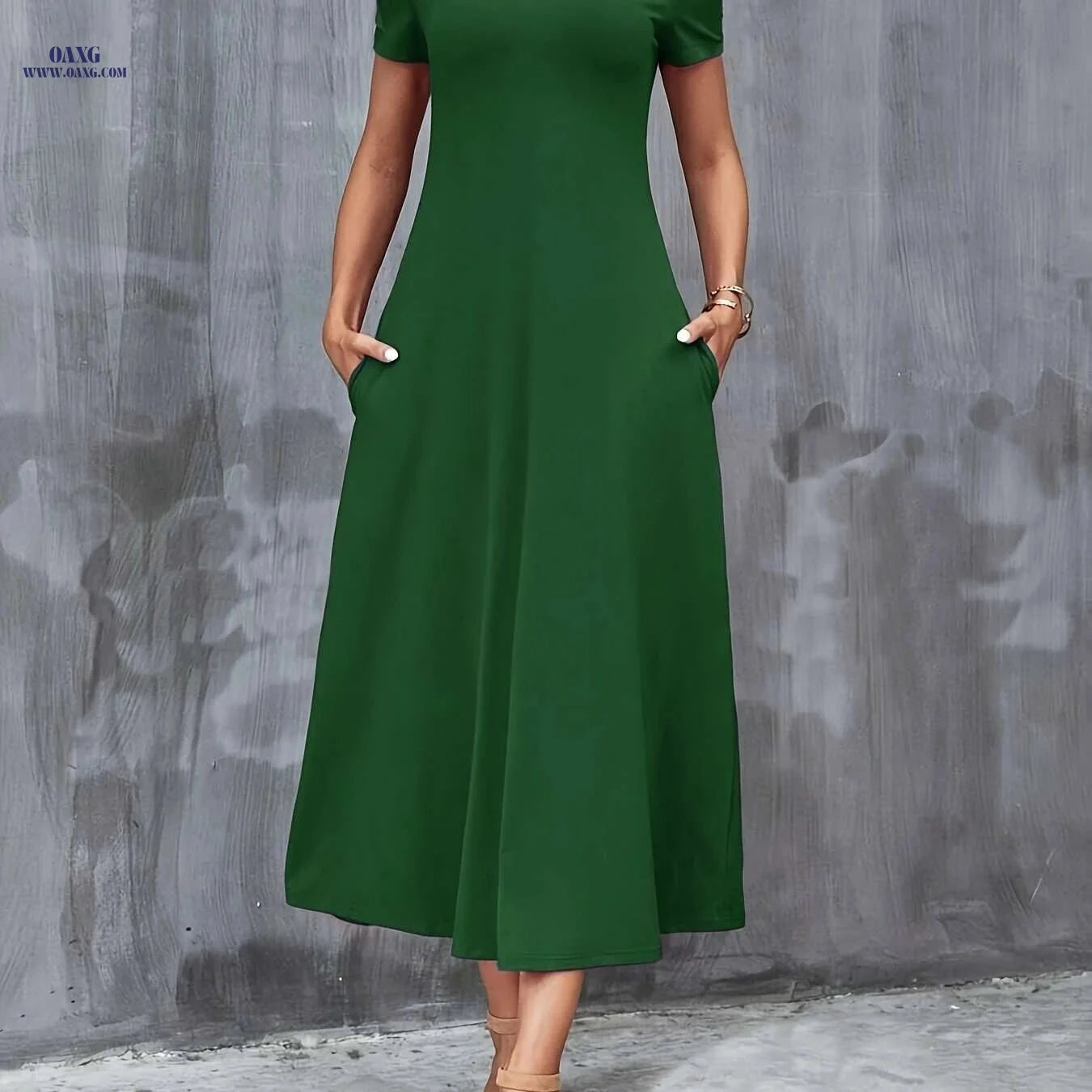 Elegant V-Neck A-Line Dress with Pockets - All-Season Casual Wear   OAXG Deep Purple / S
