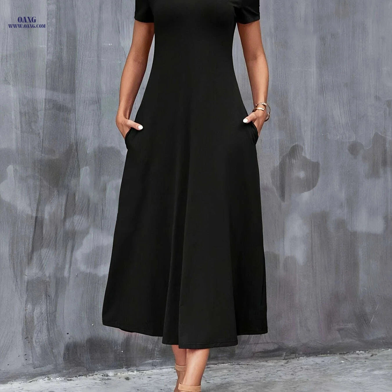 Elegant V-Neck A-Line Dress with Pockets - All-Season Casual Wear   OAXG Deep Purple / S