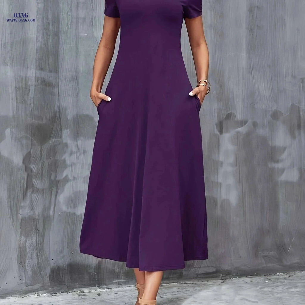 Elegant V-Neck A-Line Dress with Pockets - All-Season Casual Wear   OAXG Deep Purple / S