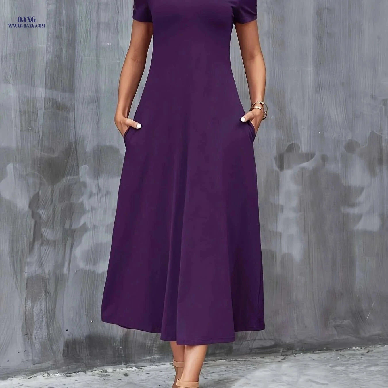 Elegant V-Neck A-Line Dress with Pockets - All-Season Casual Wear   OAXG Deep Purple / S