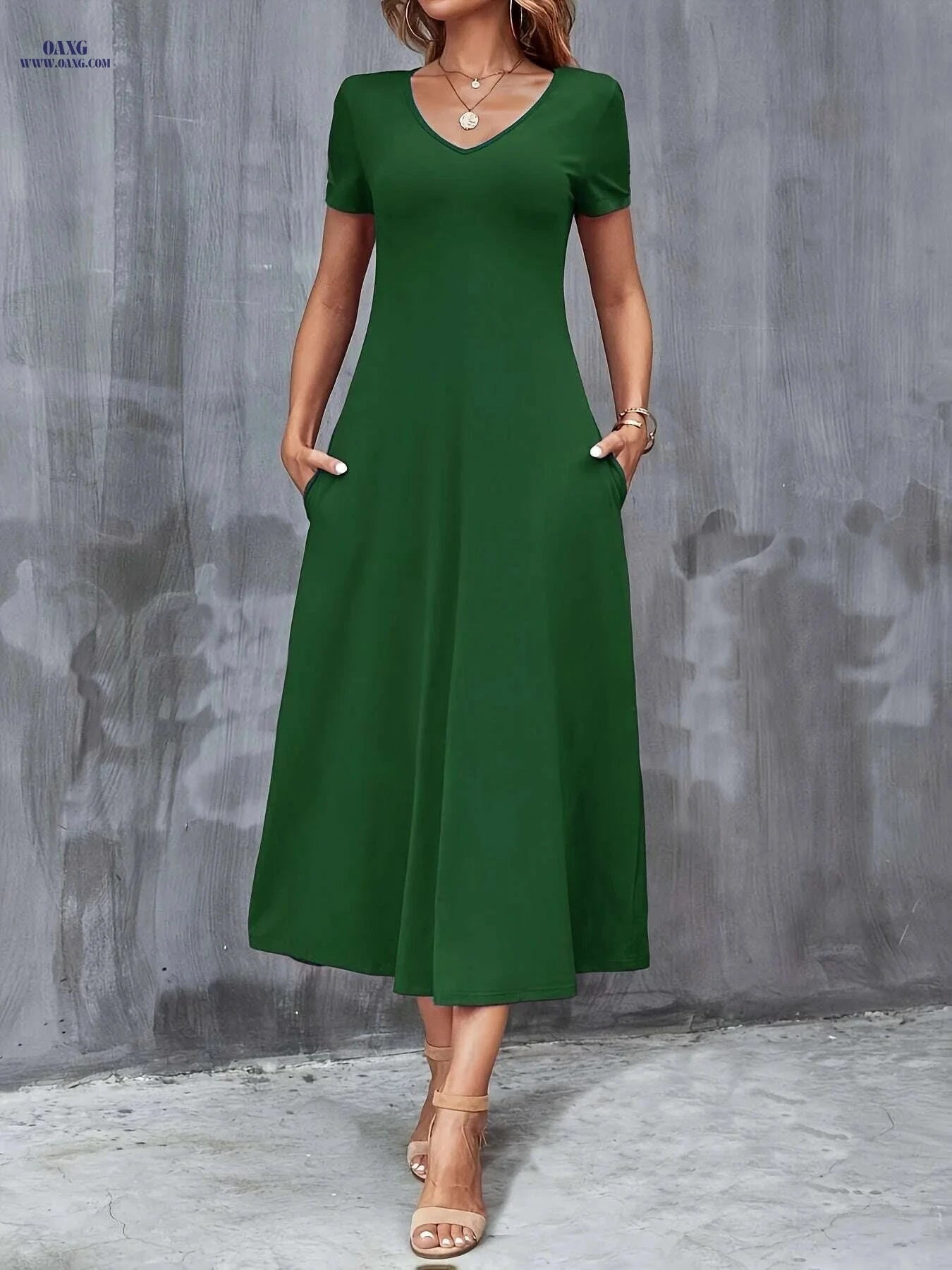 Elegant V-Neck A-Line Dress with Pockets - All-Season Casual Wear   OAXG Deep Purple / S