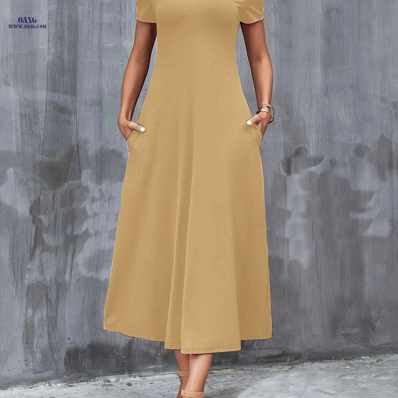 Elegant V-Neck A-Line Dress with Pockets - All-Season Casual Wear   OAXG Deep Purple / S