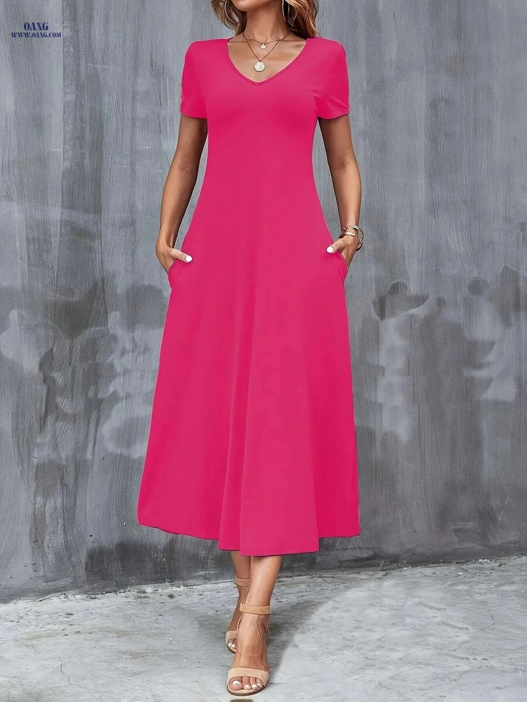 Elegant V-Neck A-Line Dress with Pockets - All-Season Casual Wear   OAXG 