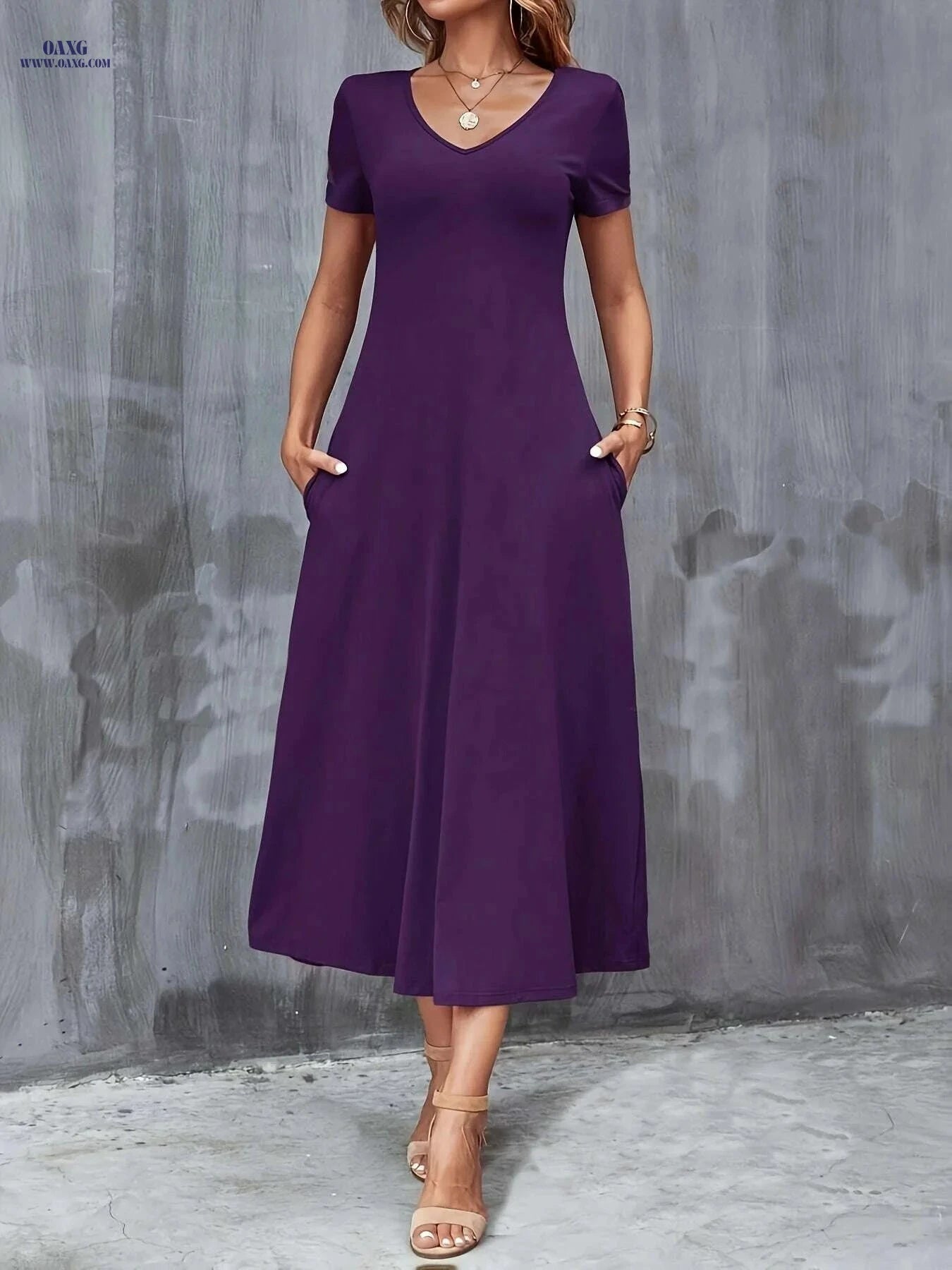 Elegant V-Neck A-Line Dress with Pockets - All-Season Casual Wear   OAXG 