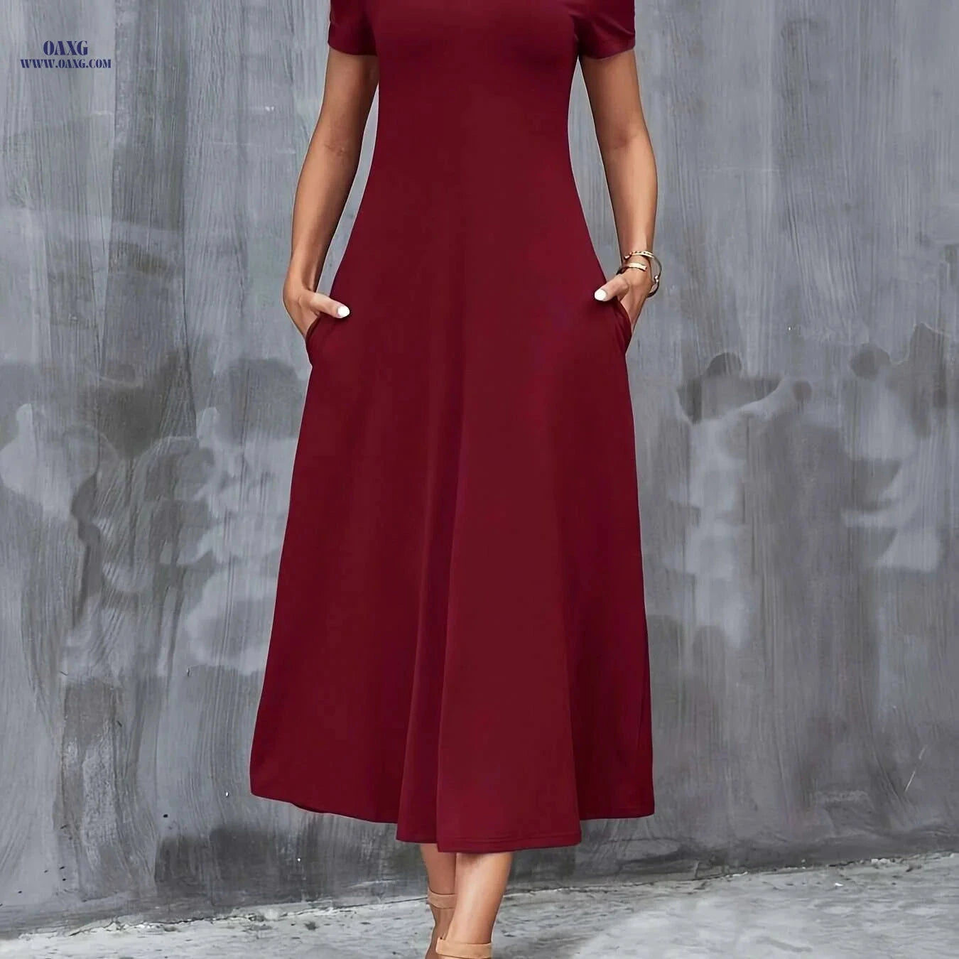 Elegant V-Neck A-Line Dress with Pockets - All-Season Casual Wear   OAXG 