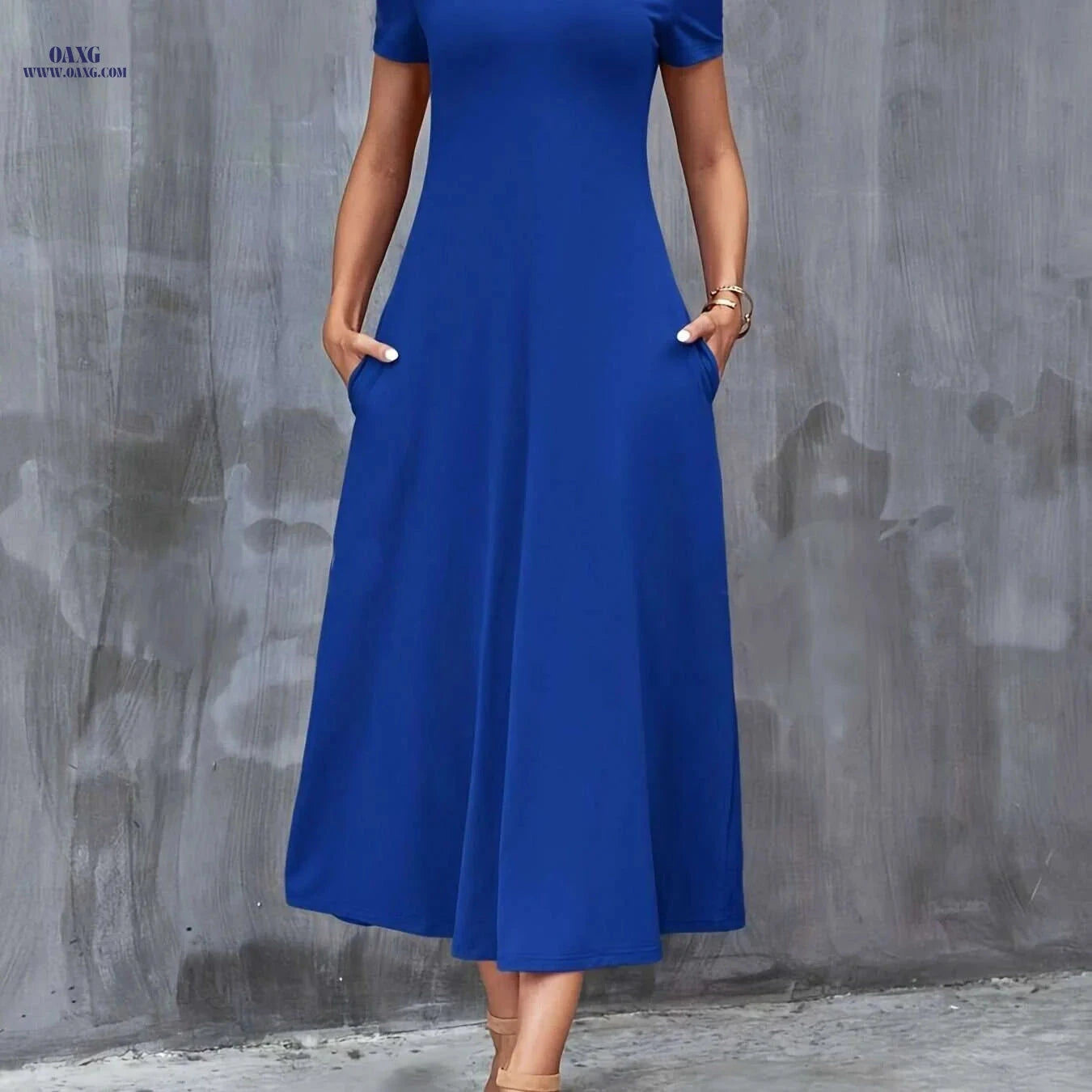 Elegant V-Neck A-Line Dress with Pockets - All-Season Casual Wear   OAXG 