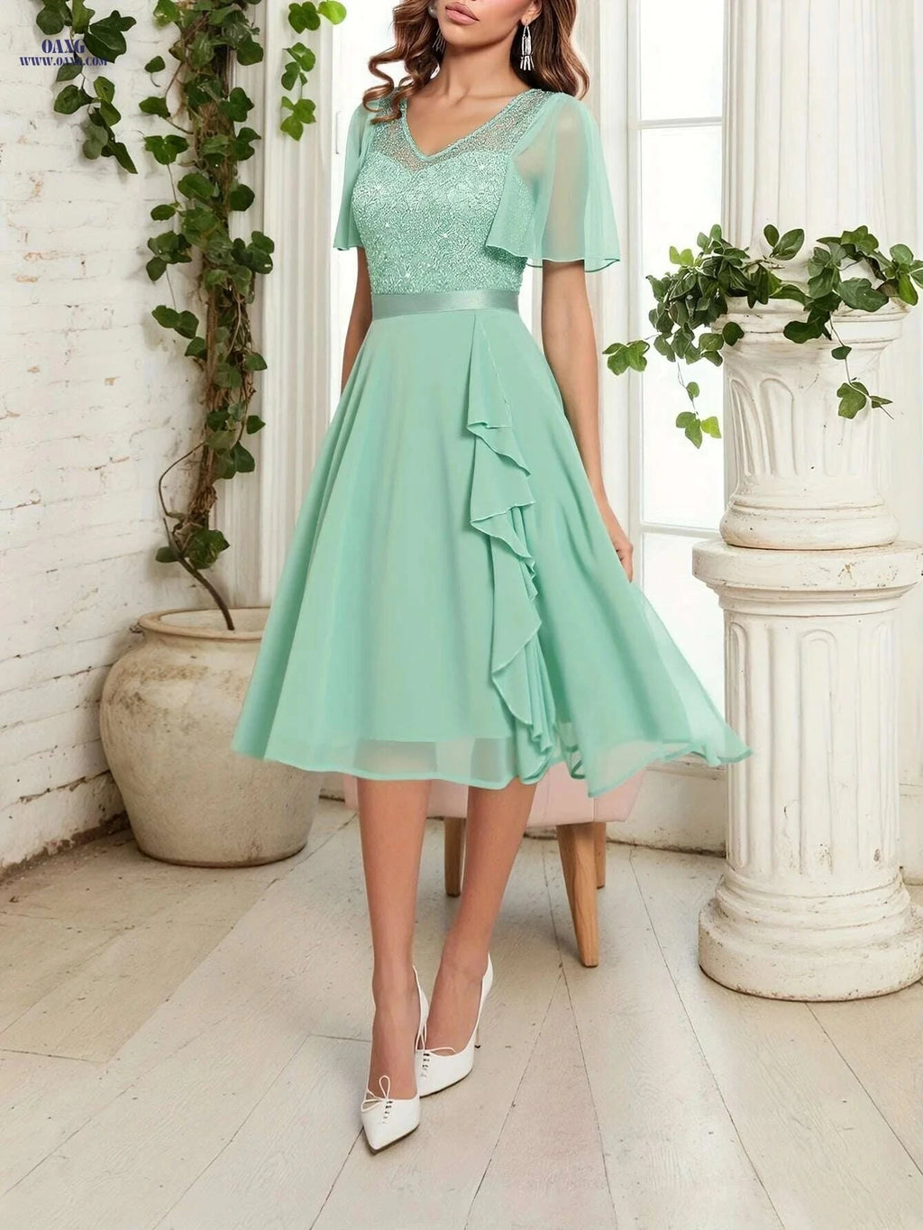 Elegant V-Neck Beaded Sequin A-Line Dress - Hand Washable Gown   OAXG 