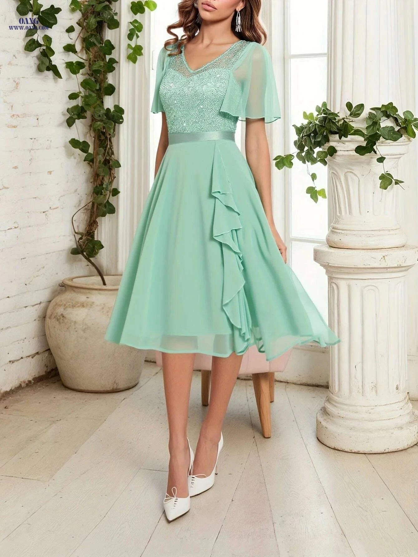 Elegant V-Neck Beaded Sequin A-Line Dress - Hand Washable Gown   OAXG 