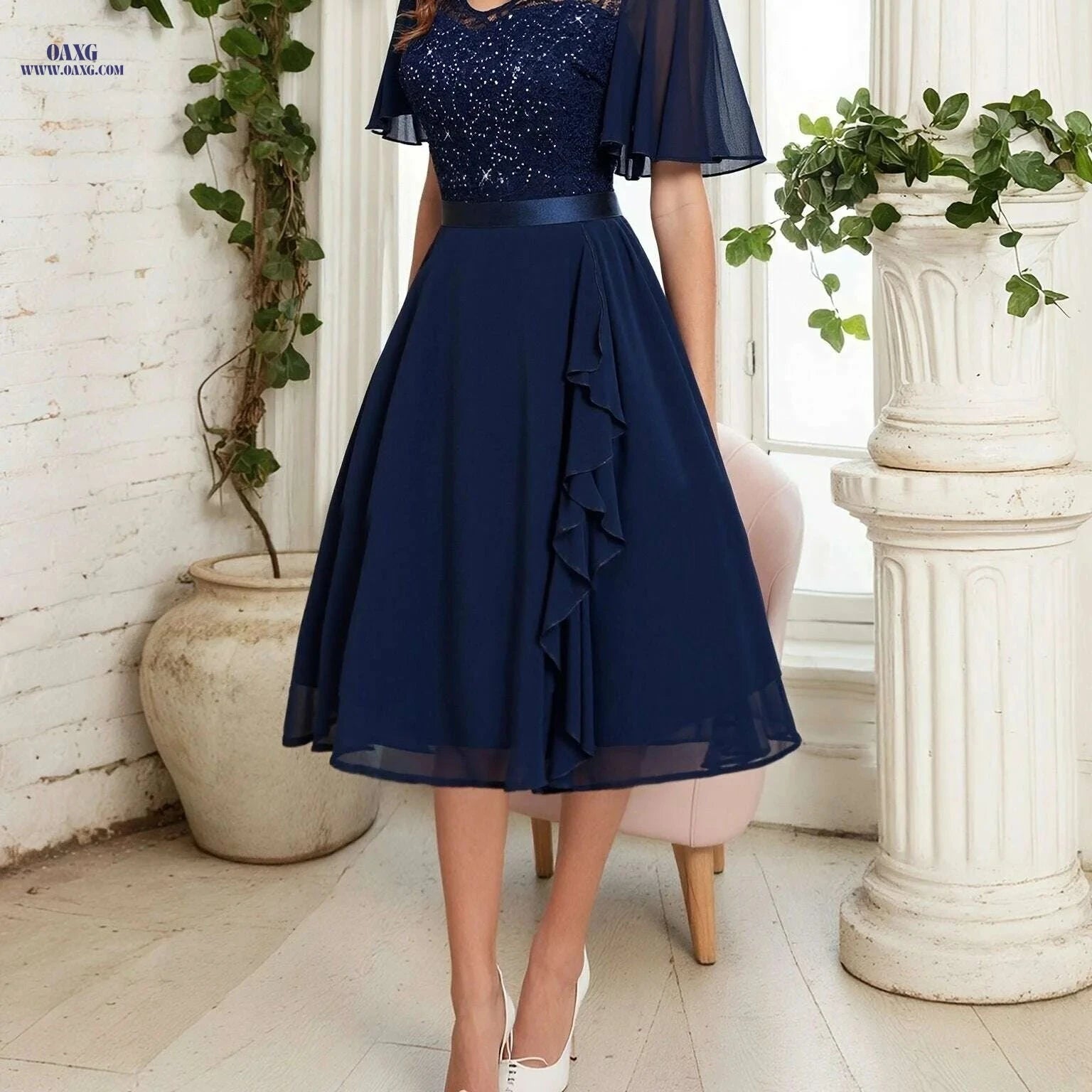 Elegant V-Neck Beaded Sequin A-Line Dress - Hand Washable Gown   OAXG 