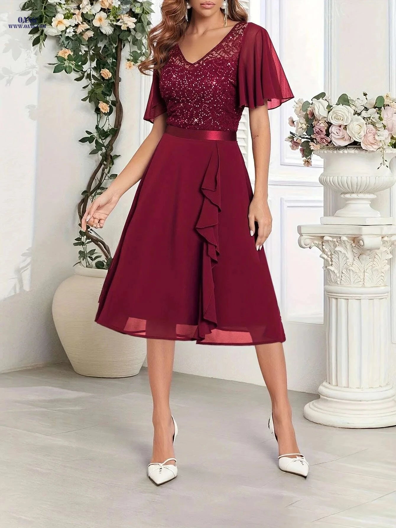 Elegant V-Neck Beaded Sequin A-Line Dress - Hand Washable Gown   OAXG 