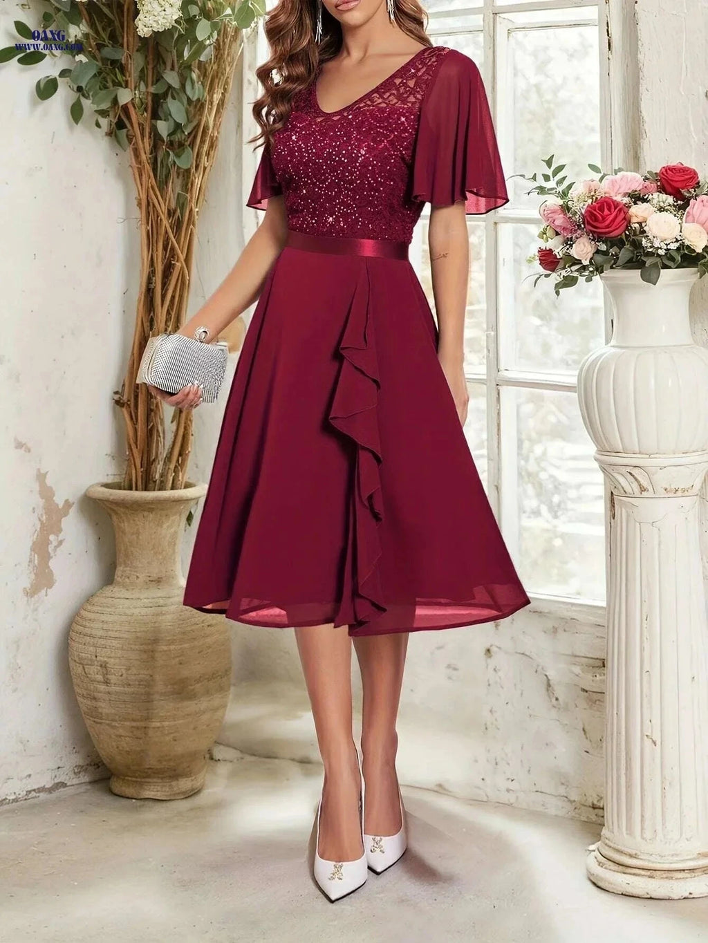 Elegant V-Neck Beaded Sequin A-Line Dress - Hand Washable Gown   OAXG Royal Blue / S