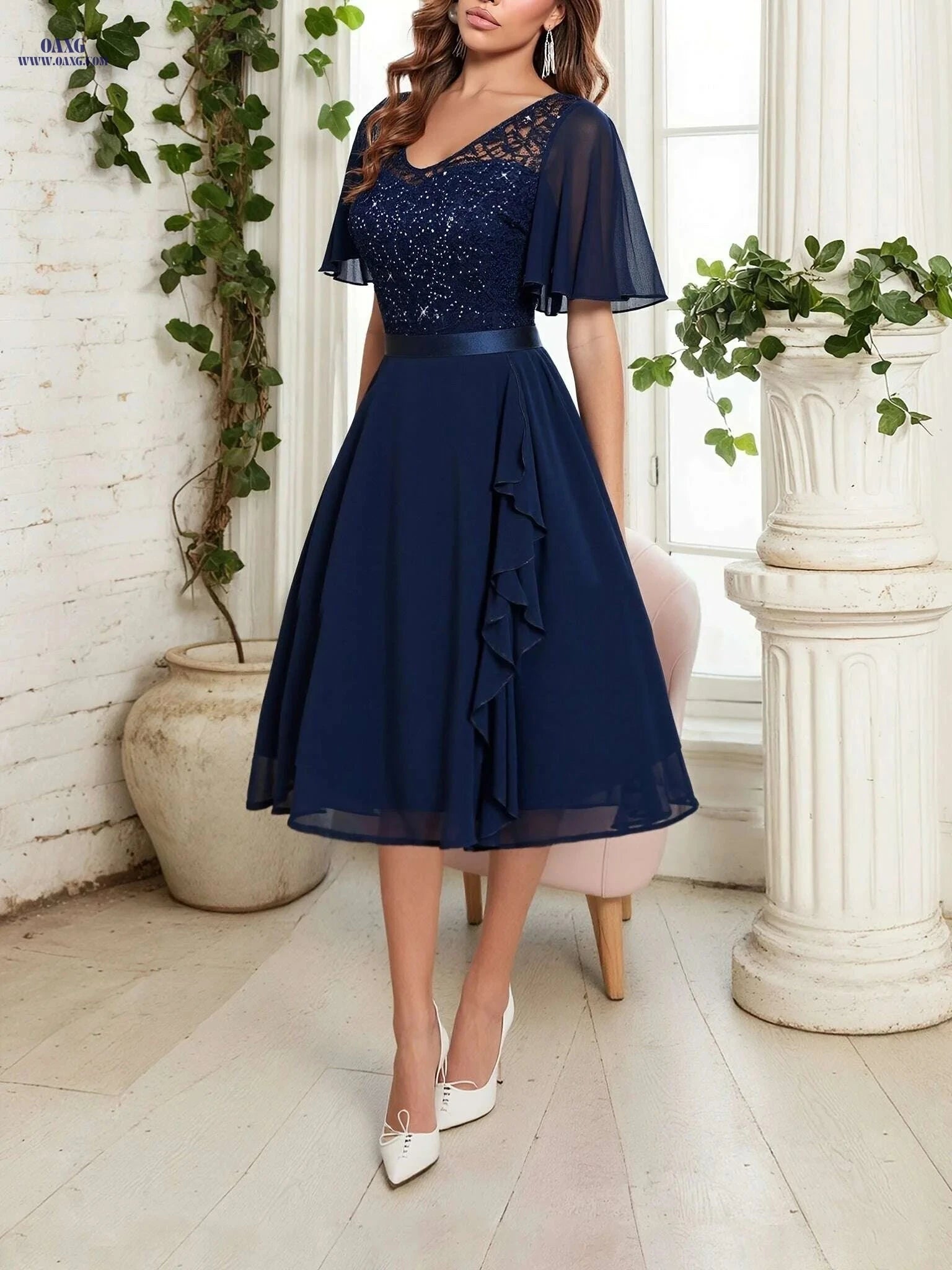 Elegant V-Neck Beaded Sequin A-Line Dress - Hand Washable Gown   OAXG Royal Blue / S