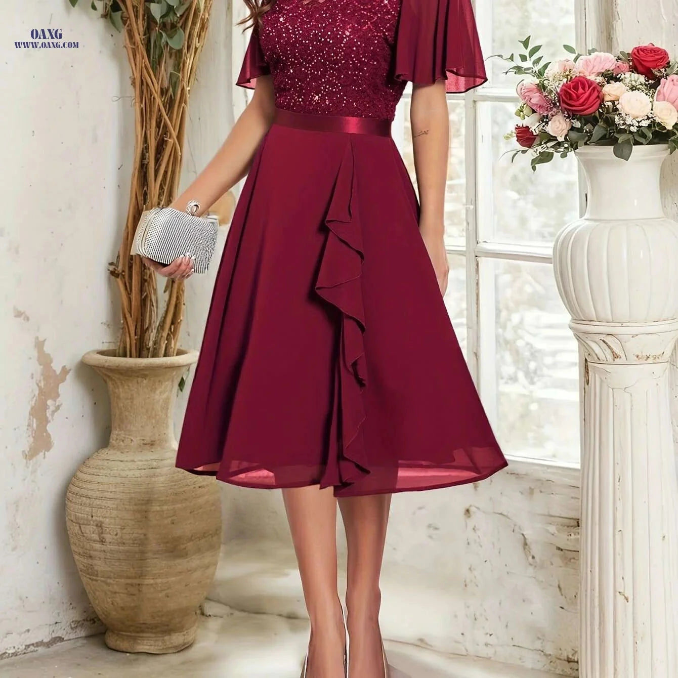 Elegant V-Neck Beaded Sequin A-Line Dress - Hand Washable Gown   OAXG Royal Blue / S