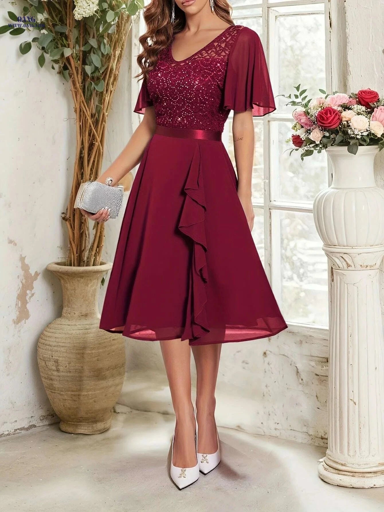 Elegant V-Neck Beaded Sequin Dress - Flowy A-Line Evening Gown   OAXG Royal Blue / S
