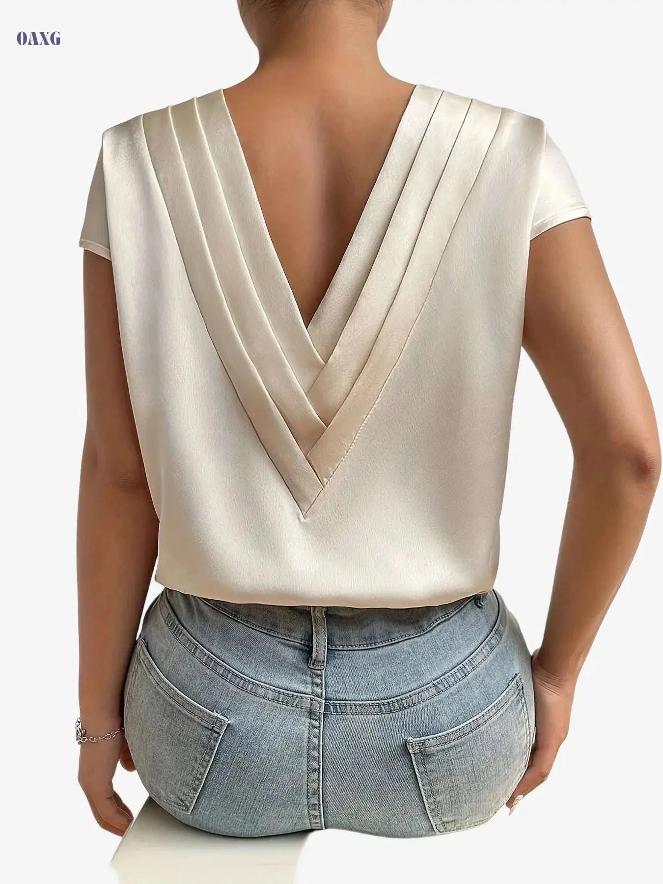 Elegant V-Neck Blouse for Women - Perfect Loose Fit for Summer   OAXG Apricot / S